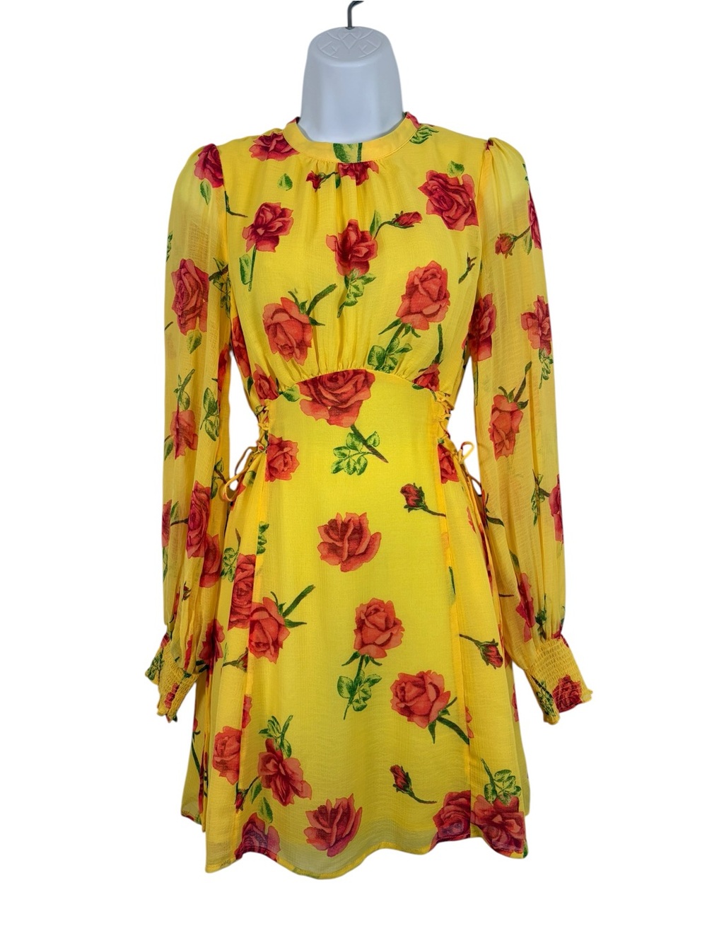 Free People Samantha Lace Up Mini Dress Yellow Rose Floral Boho XS NWT